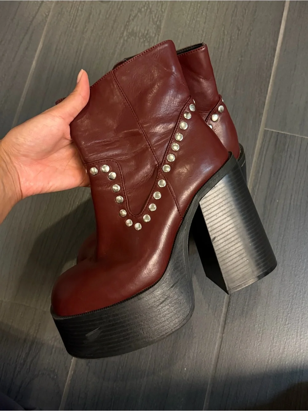 Urban Outfitters Burgundy Platform Studded Ankle Booties